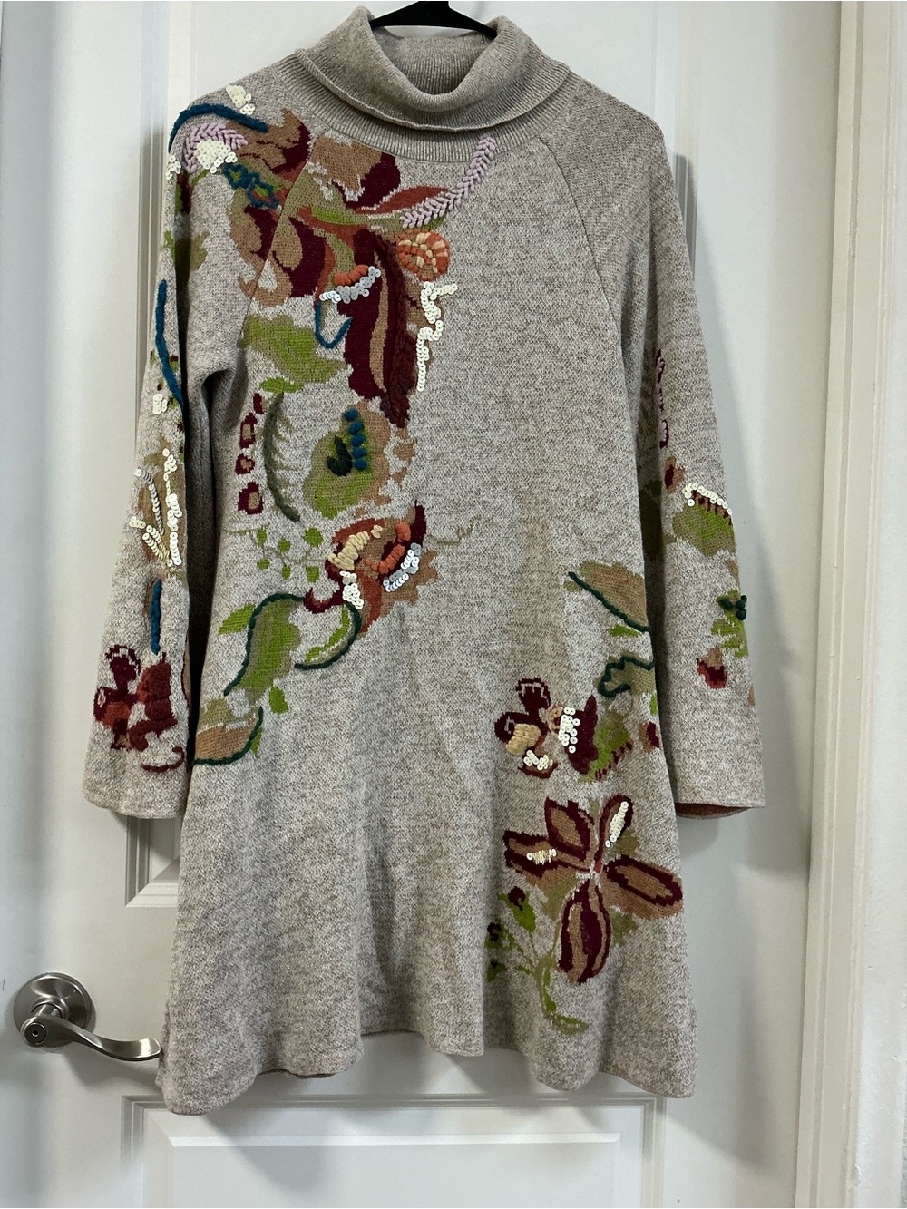 Anthropologie Knitted & Knotted Petal Swing Sweater Dress Floral Embroidery S